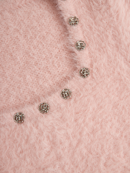 Romantic Square Neck Button Bell Sleeve Pink Seahorse Knit Mini Dress