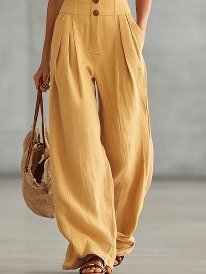 Retro-style Wide-strap Single-breasted Cotton-linen Sleeveless Jumpsuit