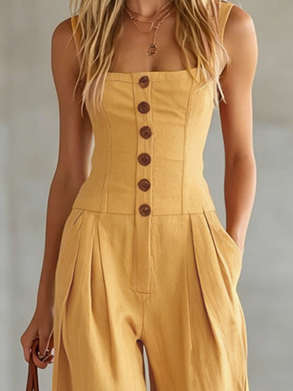 Retro-style Wide-strap Single-breasted Cotton-linen Sleeveless Jumpsuit