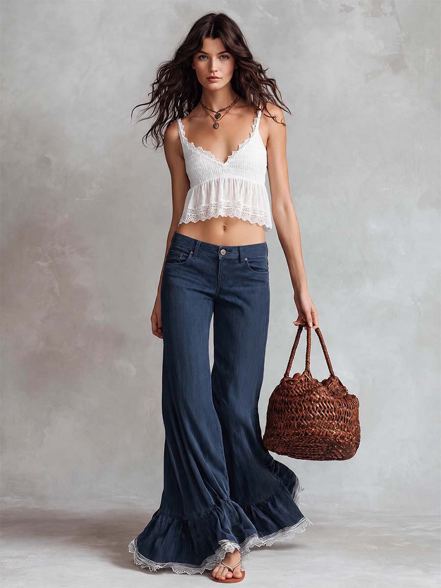 Retro Versatile  V-neck Ruffled Hem And Lace Trim White Tank Top