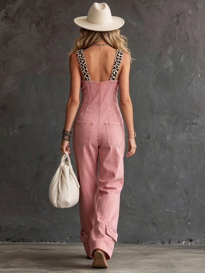 Casual Retro Pink Denim Leopard Print Jumpsuit