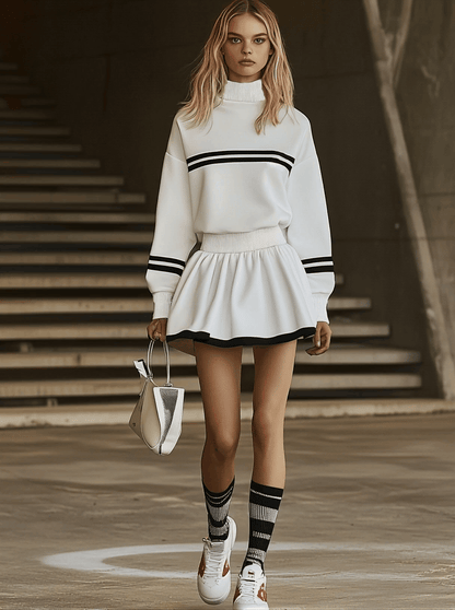 【24-hour shipping out】Fashionable Sports Style Striped Sweatshirt Long Sleeve Mini Dress