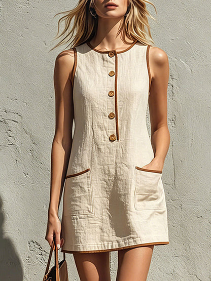 Casual Retro Color-blocked Trim Blue Sleeveless Round Neck Cotton Linen Mini Dress