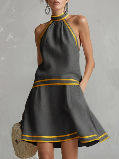 Elegant Color-Block Trim Orange Cotton-Linen Halter Sleeveless Mini Dress