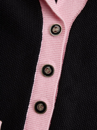 【24-hour shipping out】Black Contrast Pink Knitted Jacket And Skirt Set