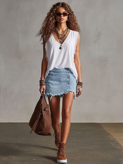 Western Retro Frayed Camel Denim Mini Skirt And Shorts