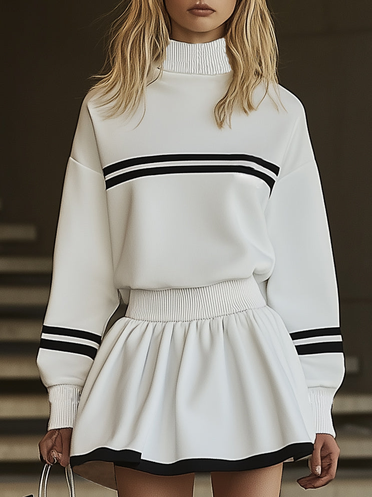 【24-hour shipping out】Fashionable Sports Style Striped Sweatshirt Long Sleeve Mini Dress