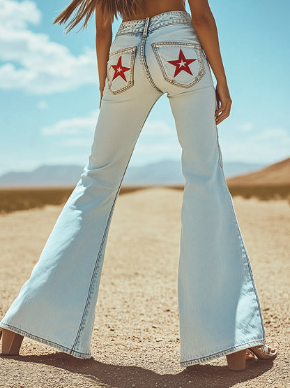 【24-hour shipping out】Vintage Back Pocket Star Embroidery Denim Flared Pants