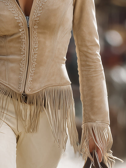 Casual Vintage Khaki Lace Tassel Jacket