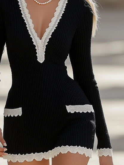 【24-hour shipping out】Elegant and Simple Stitching Lace Edge Black Knitted Mini Dress