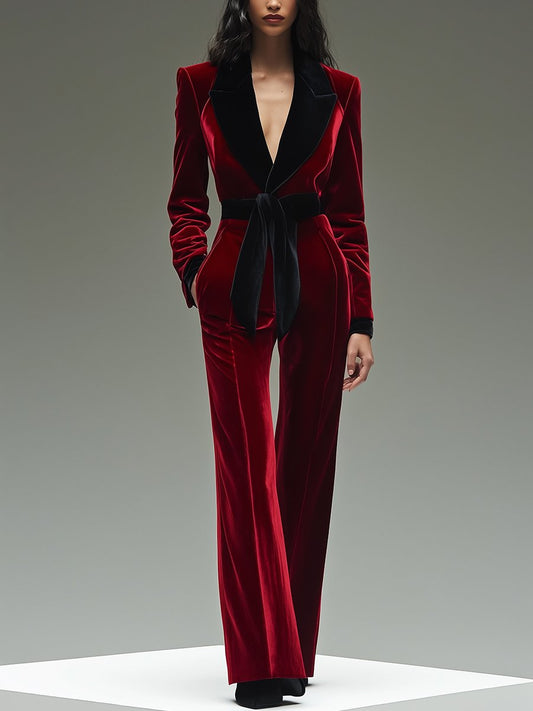 【24-hour shipping out】Retro Fashion Lapel Belt Different Color Velvet Stitching Jumpsuit