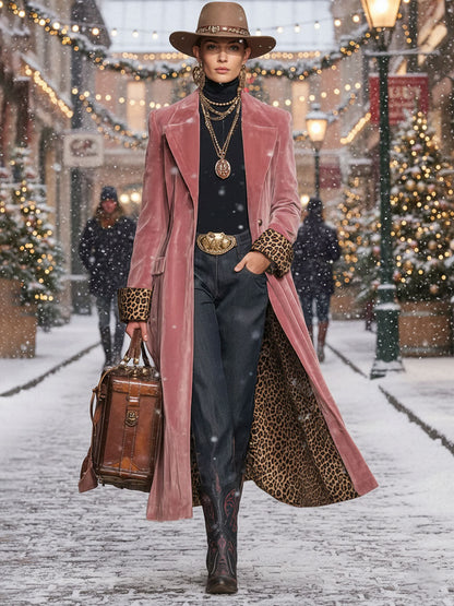 Lapel Single-breasted Velvet And Leopard Print Coat